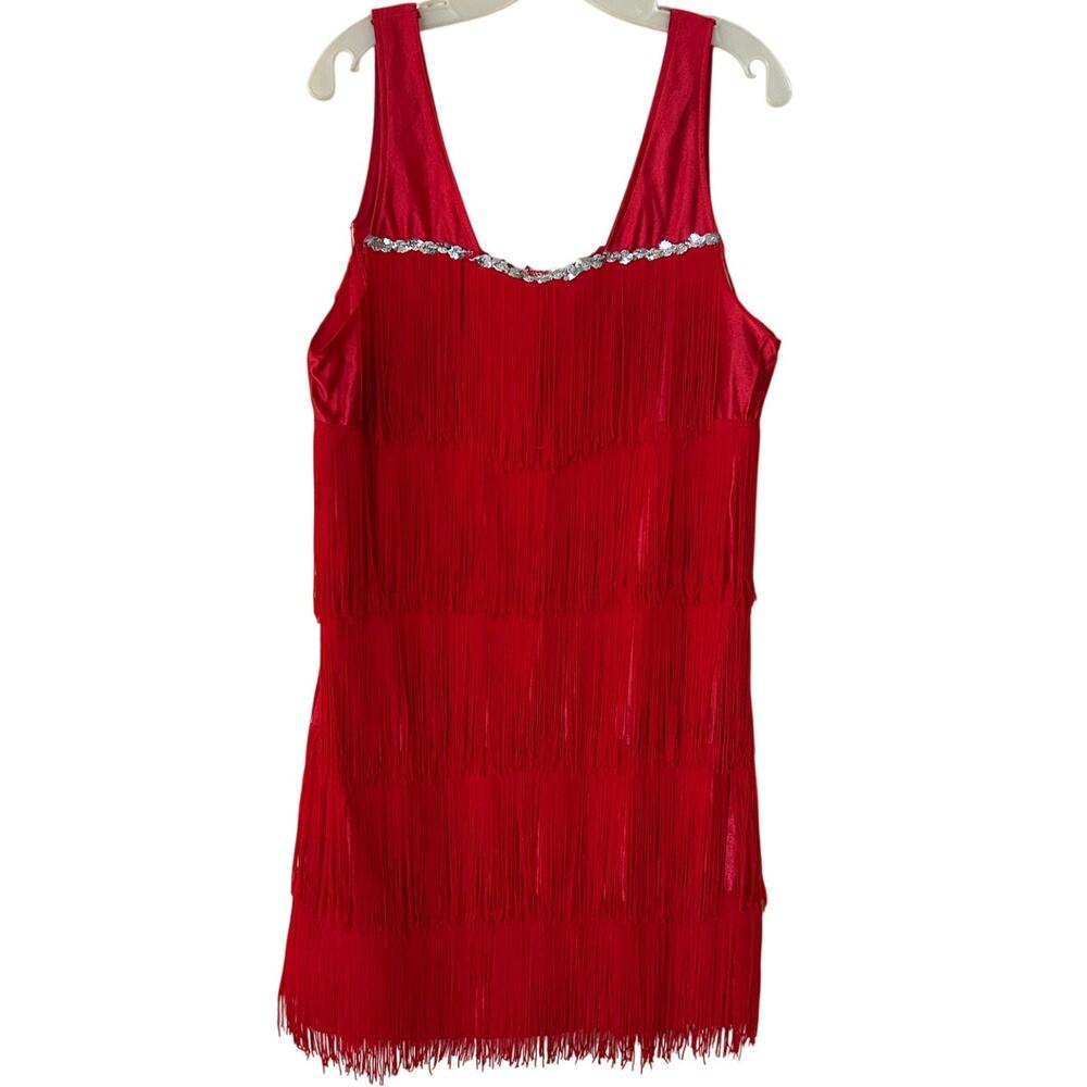 Spencer Gifts Red Tiered Fringe Flapper Dress Costume 20s Gatsby Style SZ L